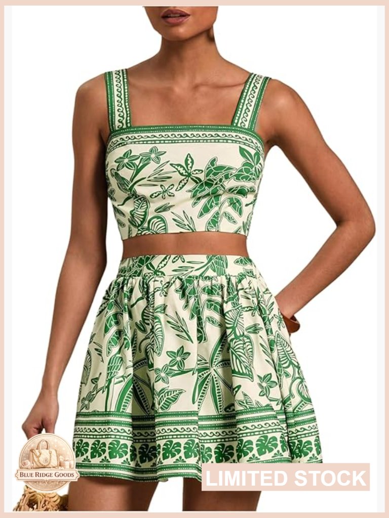 Tropical Print Two Piece Set Crop Top Skater Skirt Summer Outfit Casual Chic